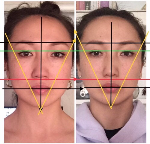 Two female portraits with coloured guides.