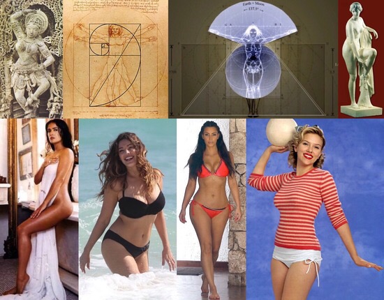 Collage of sculptures, proportion diagrams and female photographs.