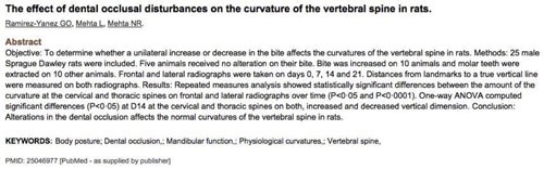 Archive research title and abstract about occlusion and the spine in rats.