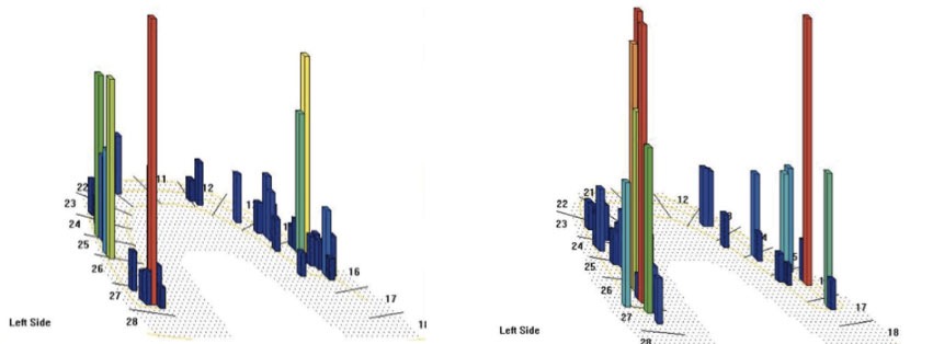 Two coloured three-dimensional bar charts side by side.