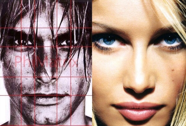 Two portraits with a red grid on the male face.