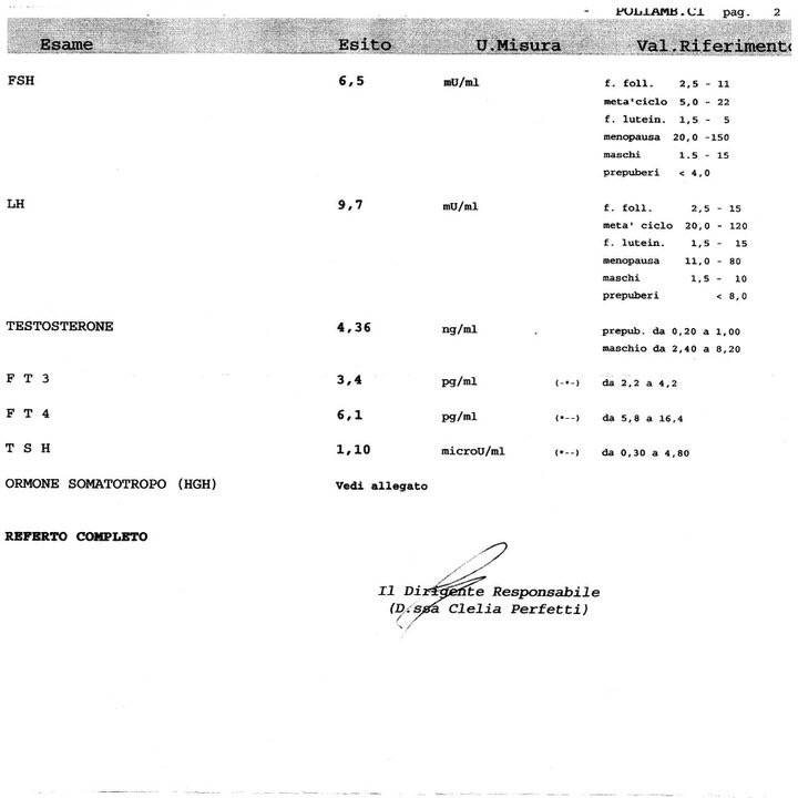 Italian laboratory report, page 2, with results and a physician signature.